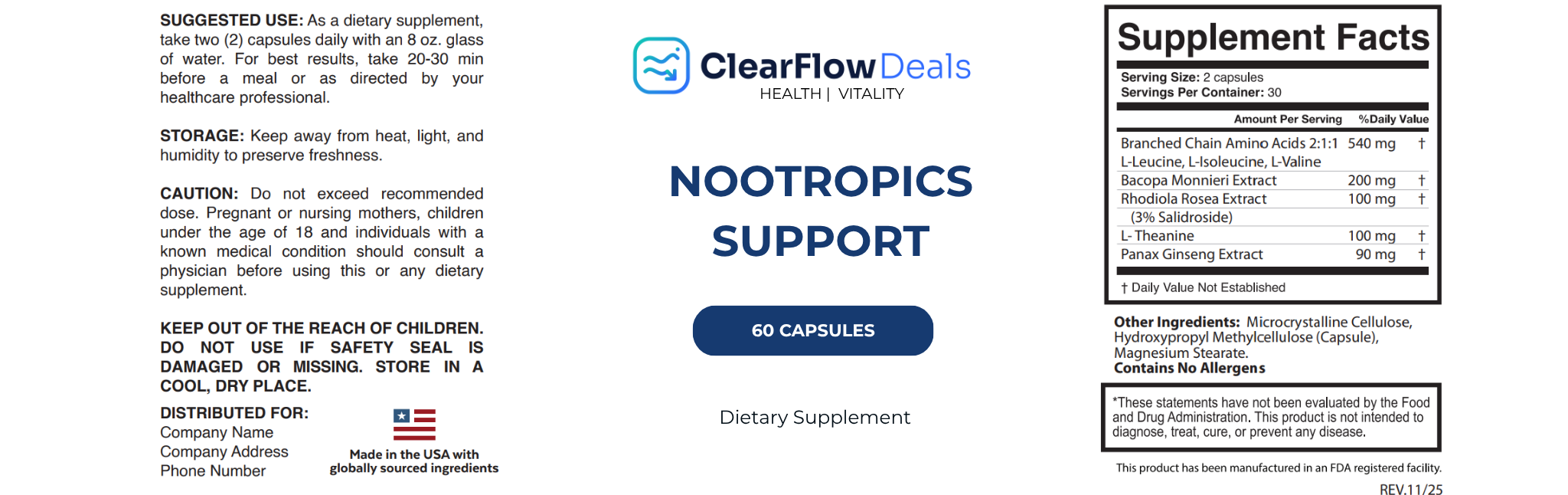 Nootropics Support ingredients label